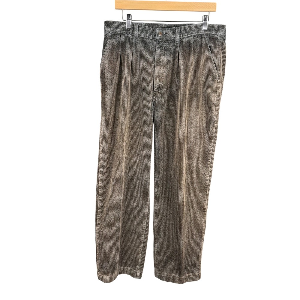 Straight Down Corduroy Pants Mens 34x28 Pleated Faded Grey Brown Made in USA